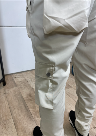 Beige Buttons Details Cargo Pants