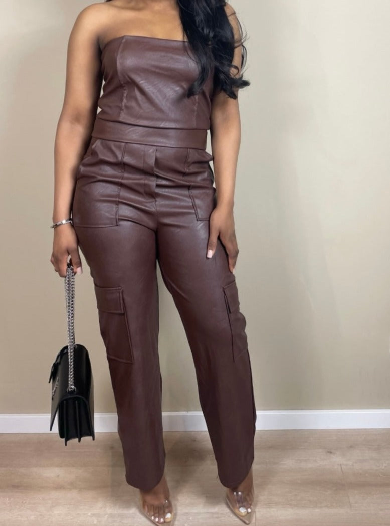 Strapless Leather Jumpsuit | Bruin